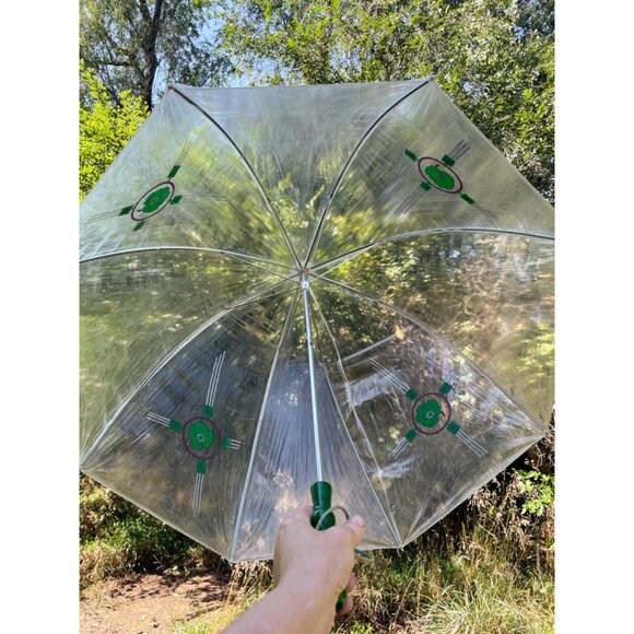 Vintage 1960s Clear Vinyl Bubble Umbrella Green Flowers & Handle - Picture 4 of 16